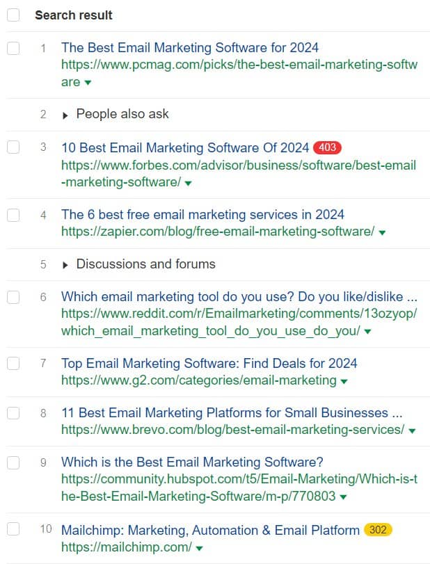 Search intent example for email marketing software